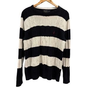 Y2K Nautica vintage blue white striped cable knit sweater preppy 90s, size M